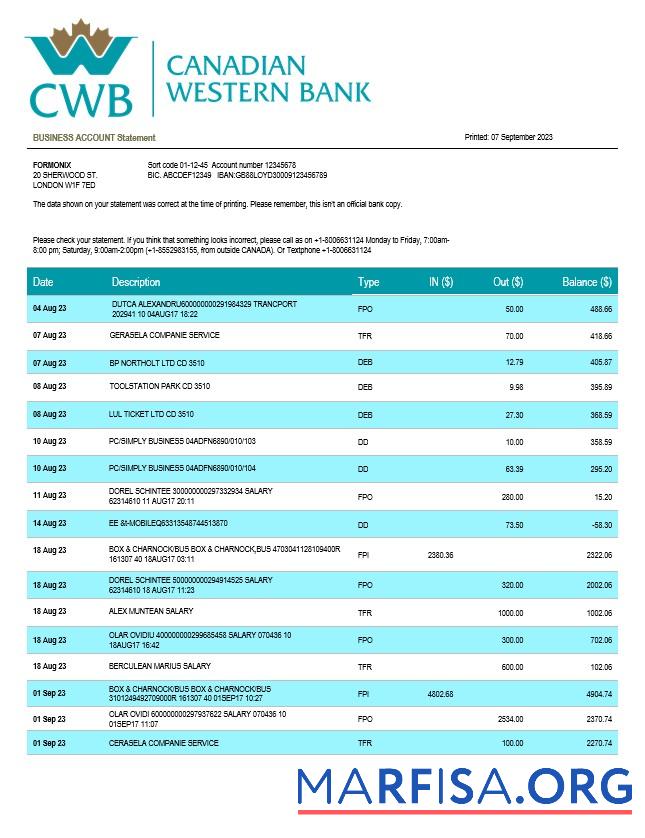 Printable Canadian Western Bank firm account statement Word and PDF template